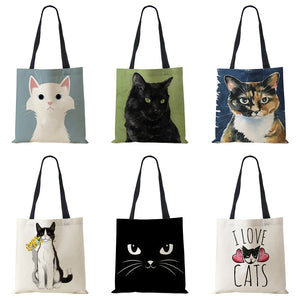 Vintage Cat Cartoon Canvas Tote Bag Large Capacity Harajuku Handbag