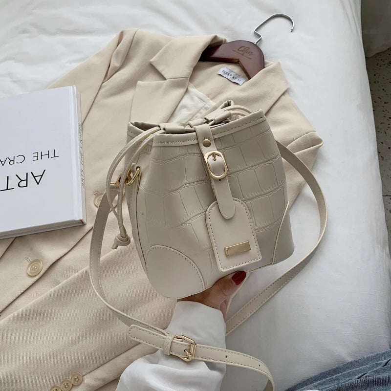Pu Stone Pattern Bucket Women Diagonal Bag Harajuku Solid Drawstring Shoulder