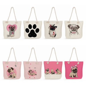 Pug Cartoon Print Linen Rope Shoulder Bag Lady Tote Bags Women Handbags