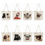Pug Dog Print Shopping Bag Animal Graphic Grocery Tote Bags