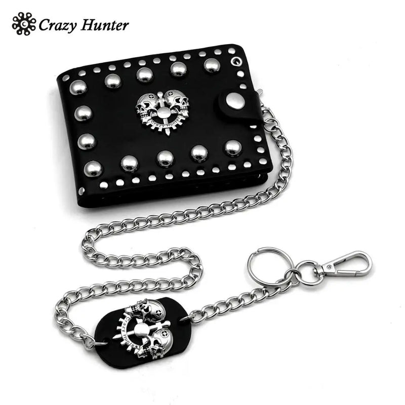 Punk Studded Skull Biker Leather Wallet Mens Clip Chain