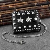 Punk Studded Star Leather Mens Wallet with Safe Chain