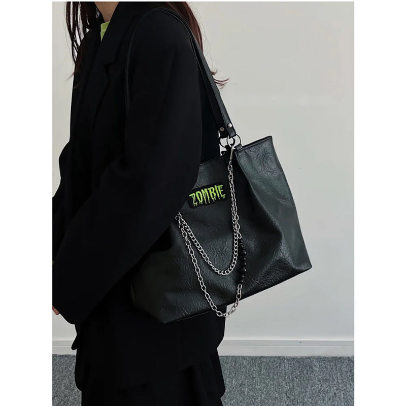Punk Style Chains Women Shoulder Bags High Large Capacity College Student Tote B