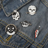 Punk Style Enamel Lapel Pins Set, Halloween Cat Head Compass Wizard Hat Backpack