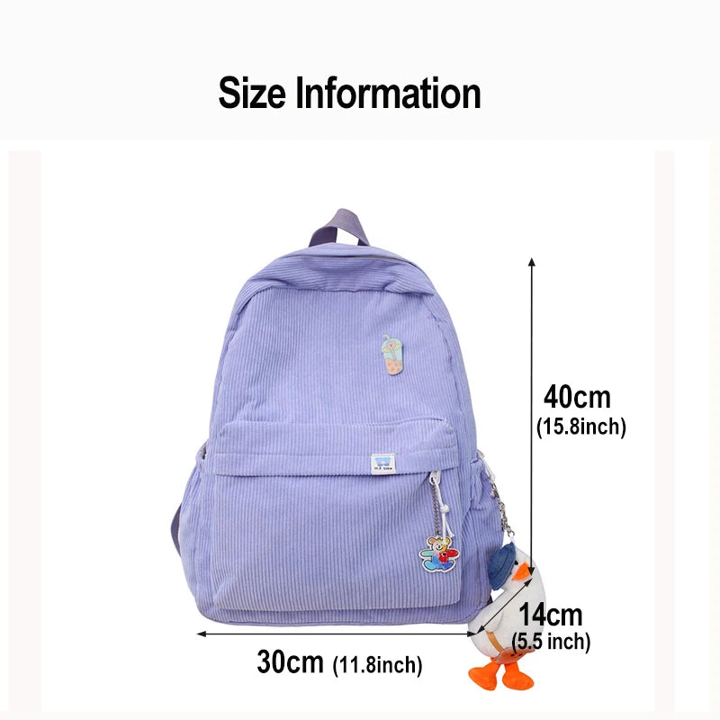 Corduroy Female Backpack Retro Campus Large-capacity Schoolbags
