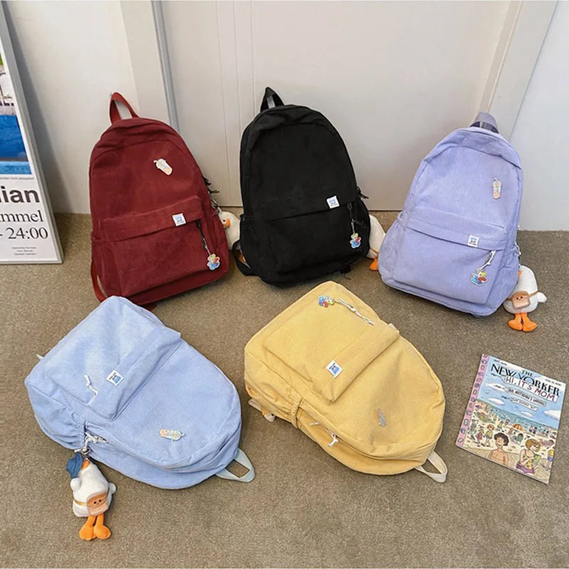 Corduroy Female Backpack Retro Campus Large-capacity Schoolbags