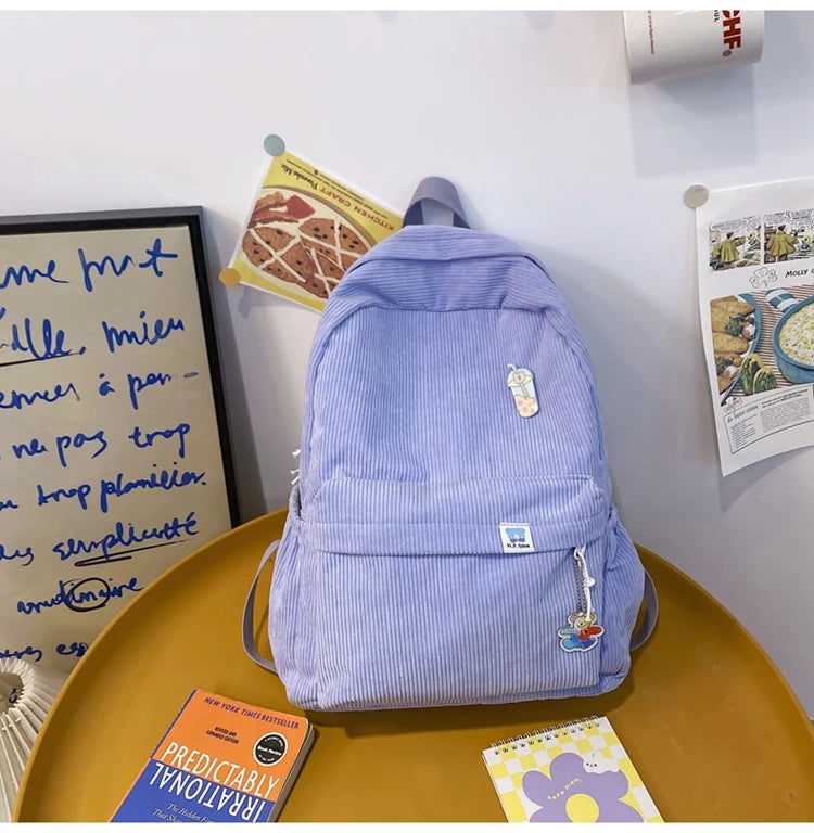 Corduroy Female Backpack Retro Campus Large-capacity Schoolbags