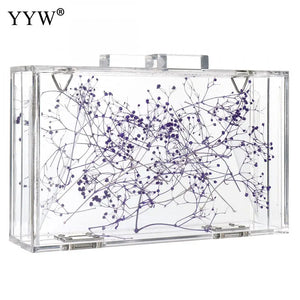 Purple Floral Transparent Shoulder Bag Acrylic Clutch Box Bag
