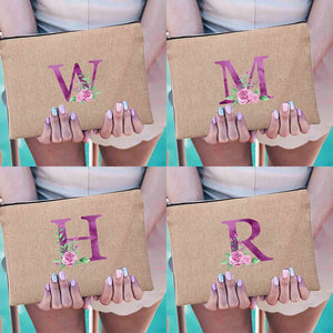 Purple Letter Print Cosmetic Bags Bridesmaid Organizer Pouch Makeup Bag