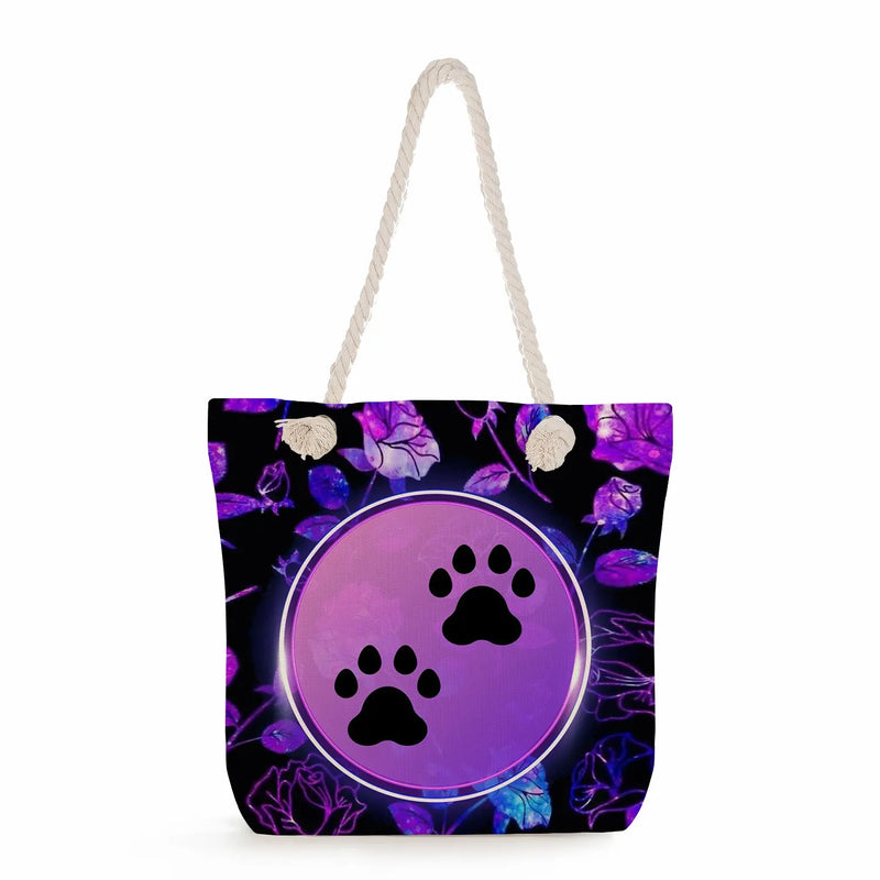 Purple Tote Bag Dog Paw Print Casual Shoulder Handbag