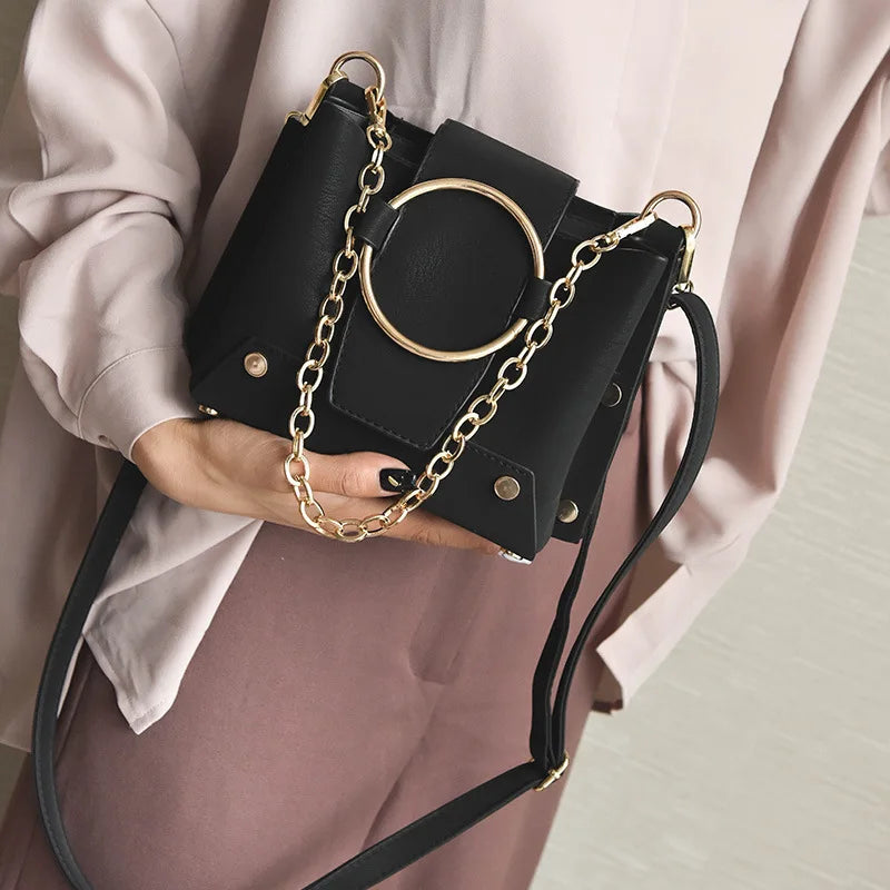 Metal Ring Chain Bucket Bag for Women Casual Shoulder Crossbody Tote