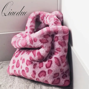 Qiaoduo Chain Plush Handbag Leopard Bag Soft Warm Fur Bag