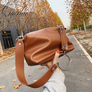 Qiaoduo Vintage PU Leather Shoulder Bag for Women Wide Belt Handbags