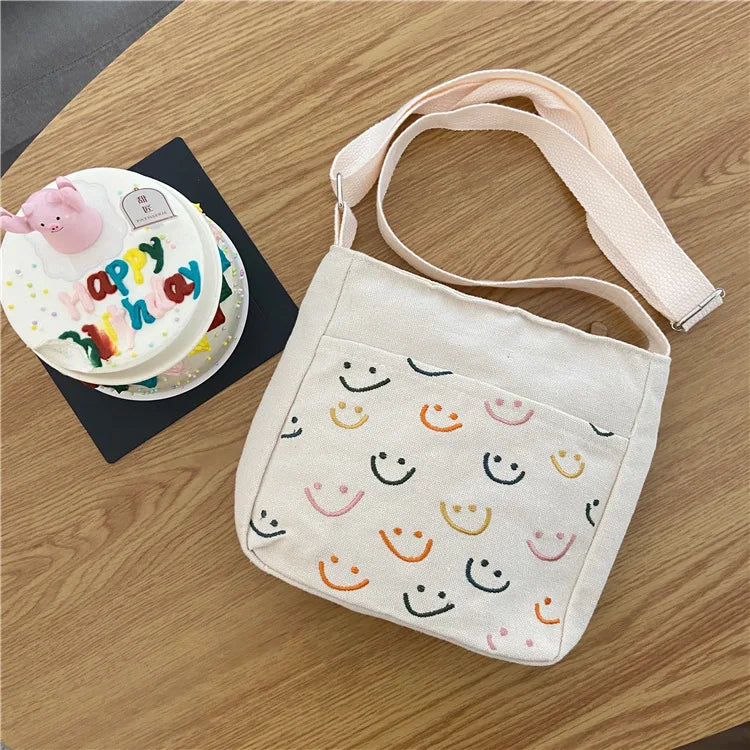 Smiling Face Crossbody Bag Cute Girls Handbag Canvas Shoulder Bag