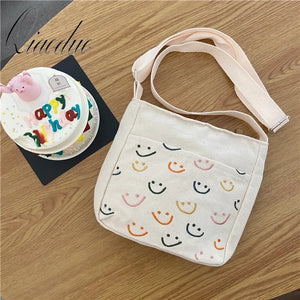 Smiling Face Crossbody Bag Cute Girls Handbag Canvas Shoulder Bag