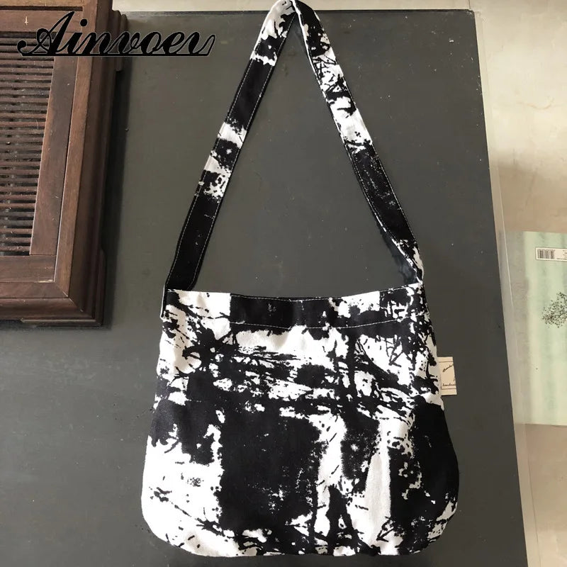 Vintage Linen Crossbody Bag Harajuku Print Large Capacity School Pouch