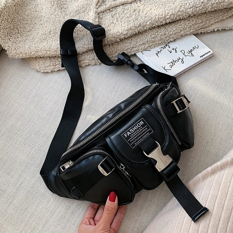 PU Leather Waist Bag Chain Fanny Pack Women Belly Band Belt Bag