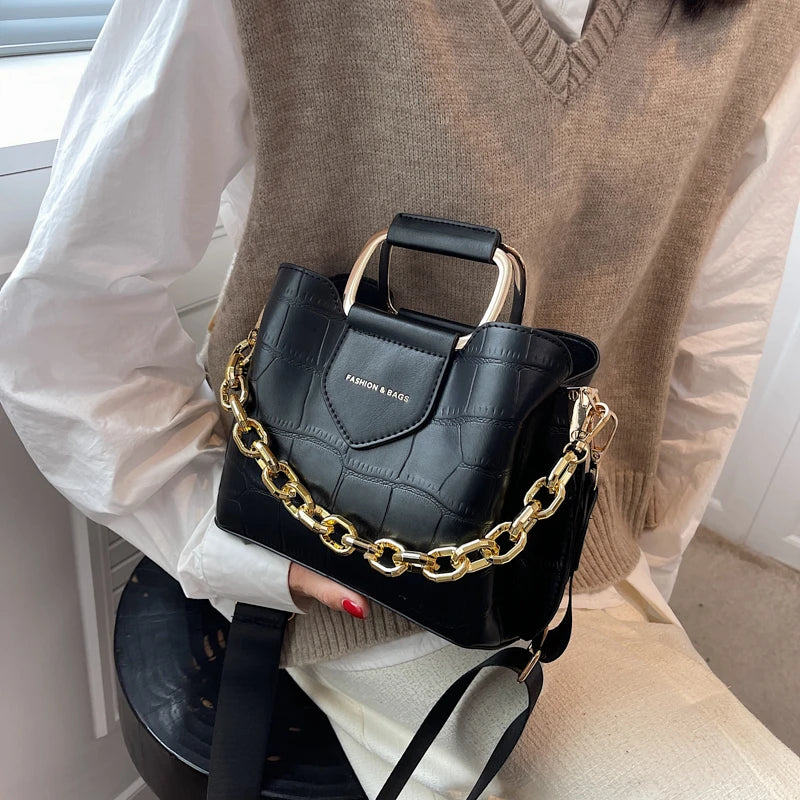 Stone Pattern Leather Crossbody Bucket Thick Chain Bags for Women