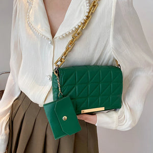 Quilted Small Square Bag Thick Chains Shoulder Messenger Bag PU Leather Lady Han