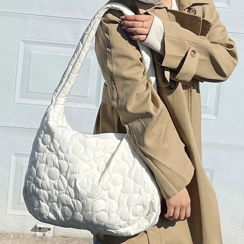 Quilted Women Tote Handbag Large Capacity Pleated Bubble Top-handle Bag Cotton P