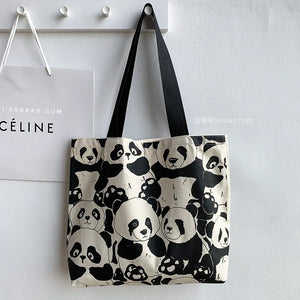 Panda Printing Canvas Women's Shoulder Bag Large Capacity Zipper Shopping Bag
