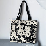 Panda Printing Canvas Women's Shoulder Bag Large Capacity Zipper Shopping Bag