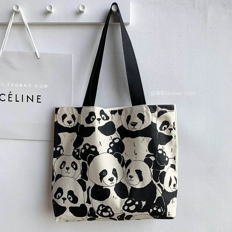 Panda Printing Canvas Women's Shoulder Bag Large Capacity Zipper Shopping Bag