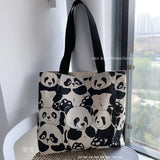Panda Printing Canvas Women's Shoulder Bag Large Capacity Zipper Shopping Bag