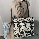 Panda Printing Canvas Women's Shoulder Bag Large Capacity Zipper Shopping Bag