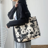 Panda Printing Canvas Women's Shoulder Bag Large Capacity Zipper Shopping Bag