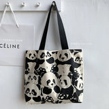 Panda Printing Canvas Women's Shoulder Bag Large Capacity Zipper Shopping Bag