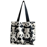 Panda Printing Canvas Women's Shoulder Bag Large Capacity Zipper Shopping Bag