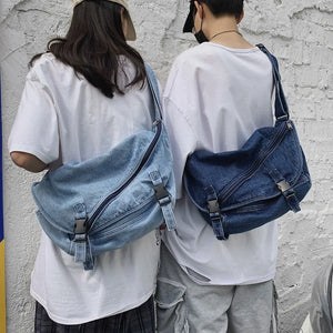Retro Washed Denim Shoulder Bag Large Capacity Canvas Handbags