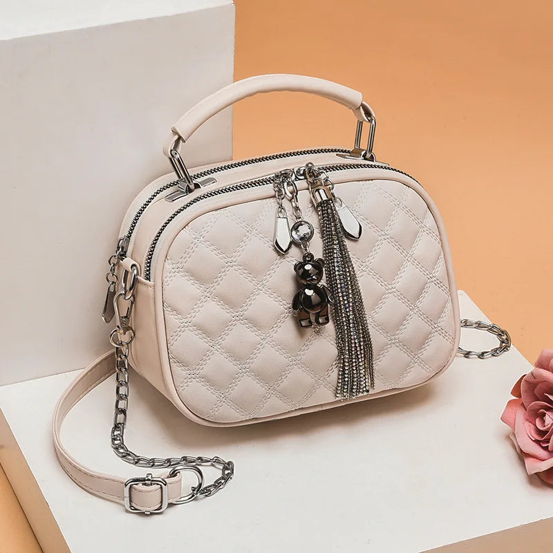 Women's Lingge Tassel Shoulder Bag Cross Body Chain Round Purse