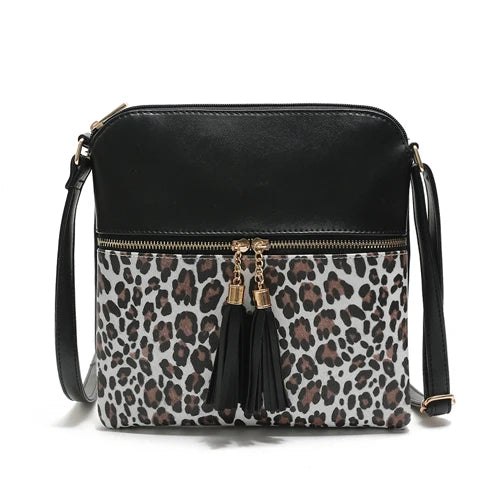Vintage Leopard Women Bag Tassel Flap Crossbody Shoulder Bag Ladies Leather Hand