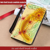 RFID Leather Wallet Women Long 3D Fish Lotus Clutch Bag Large Capacity