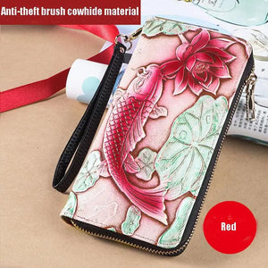RFID Leather Wallet Women Long 3D Fish Lotus Clutch Bag Large Capacity