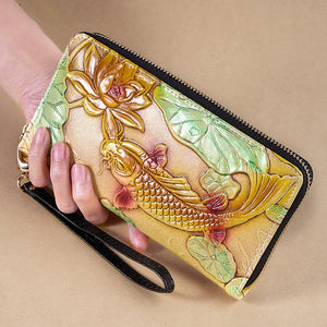 RFID Leather Wallet Women Long 3D Fish Lotus Clutch Bag Large Capacity