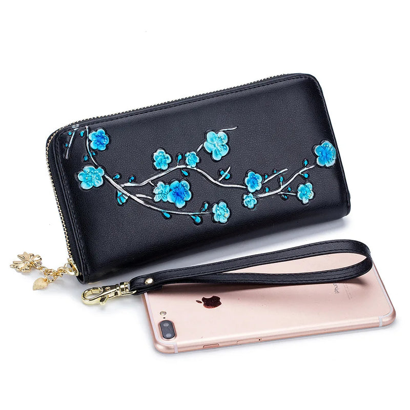 RFID Plum Blossom Coloured Drawing Leather Women Wallet Ladies Clutch Bag