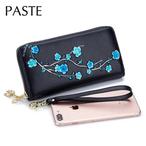RFID Plum Blossom Coloured Drawing Leather Women Wallet Ladies Clutch Bag