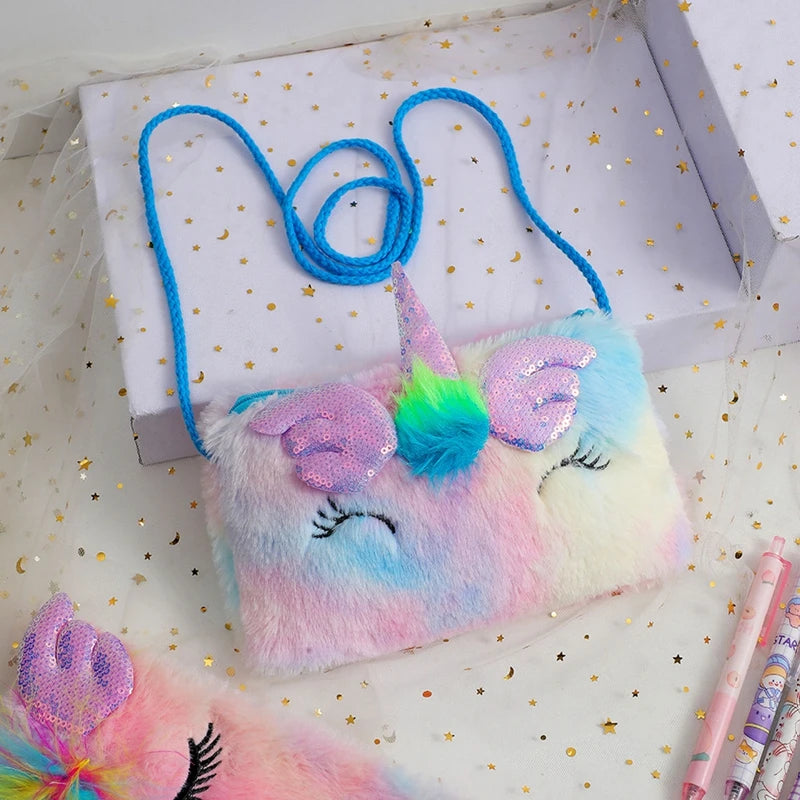Rainbow Handbags Winter Plush Shoulder Purse for Women Girls