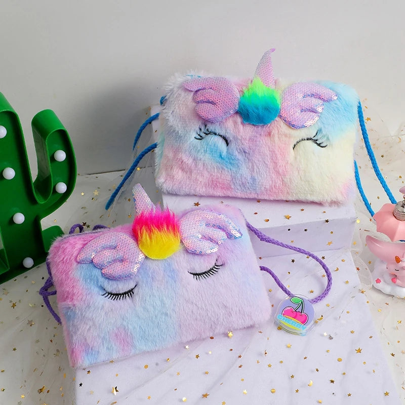 Rainbow Handbags Winter Plush Shoulder Purse for Women Girls