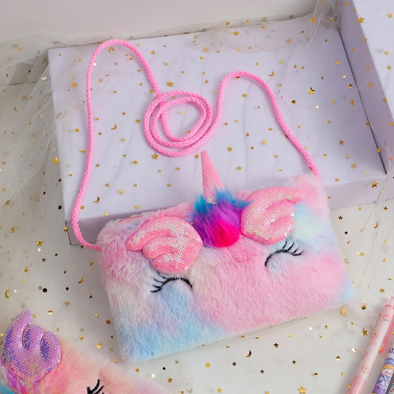 Rainbow Handbags Winter Plush Shoulder Purse for Women Girls