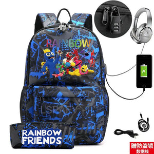 Rainbow Cartoon Backpack USB School Bag For Boys Girls Kids Teens
