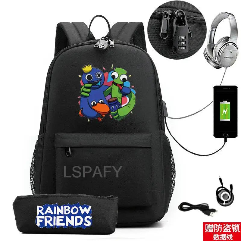 Rainbow Cartoon Backpack USB School Bag For Boys Girls Kids Teens