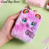 Rainbow Furry Fluffy Plush Notebook Mini Keychains Purse Soft Fur Key Pendant