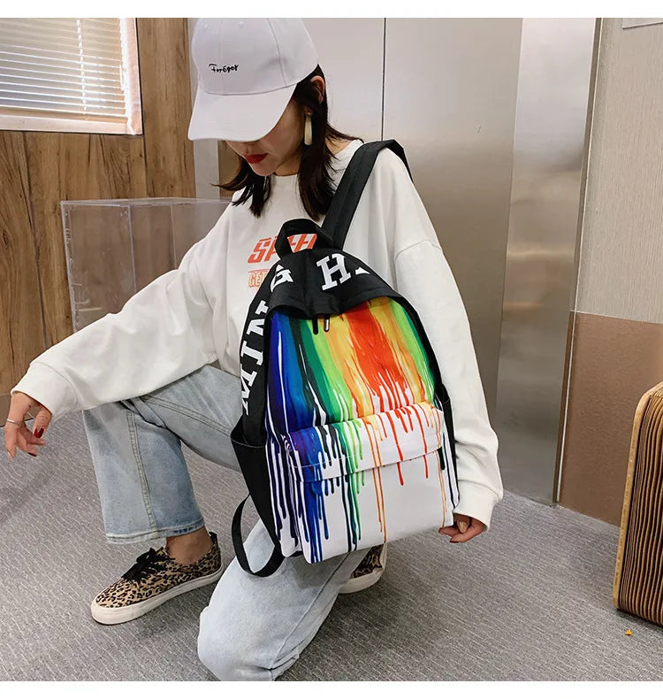 Rainbow Graffiti Water Cup Canvas Backpack Hip-hop Travel Rucksack