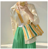 Rainbow Striped Small Tote Shoulder Bag Canvas Women Square Shape
