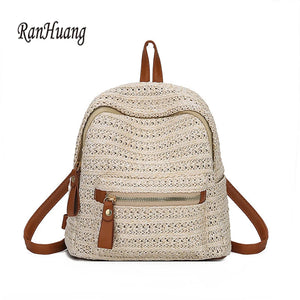Women's Straw Beach Backpack Small Travel Bag Beige