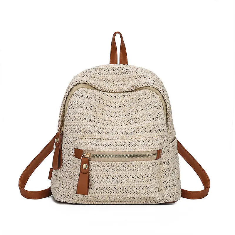 Women's Straw Beach Backpack Small Travel Bag Beige